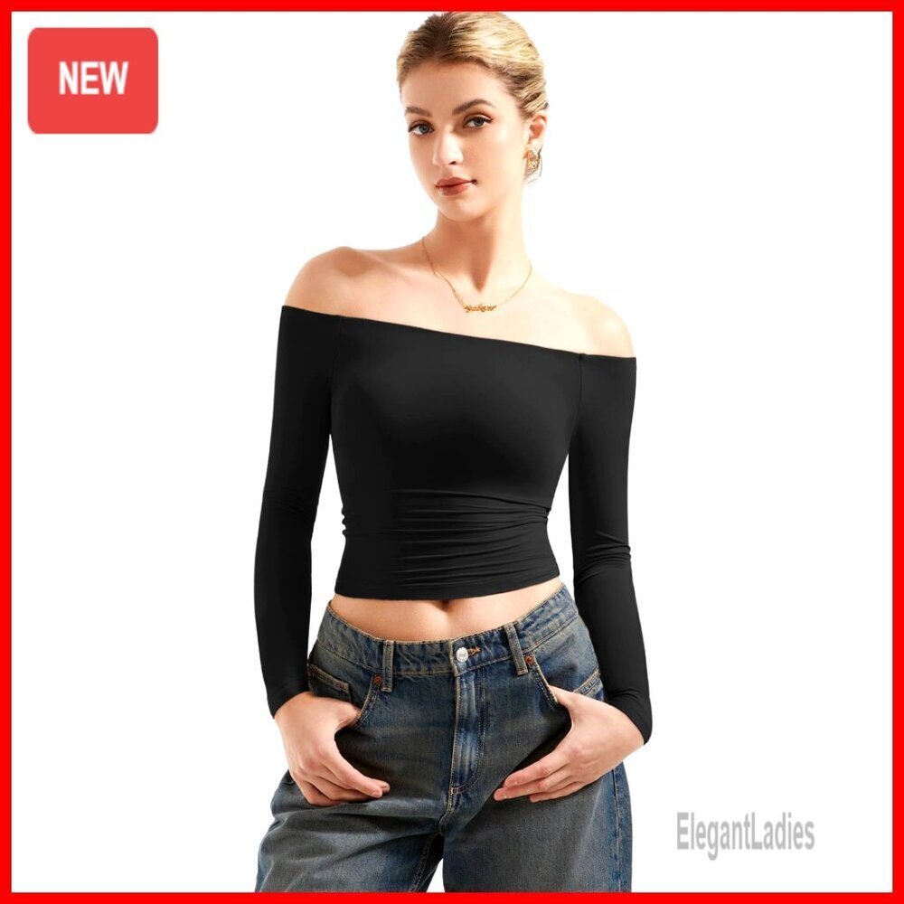 Off Shoulder Long Sleeve Top Double Lined 4-Way Stretch Slim Fit